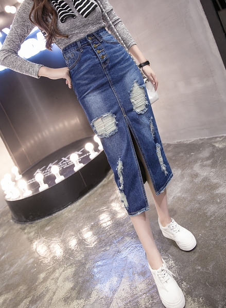 Дълга дънкова пола с висока талия и цепка в два цвята тип Слим