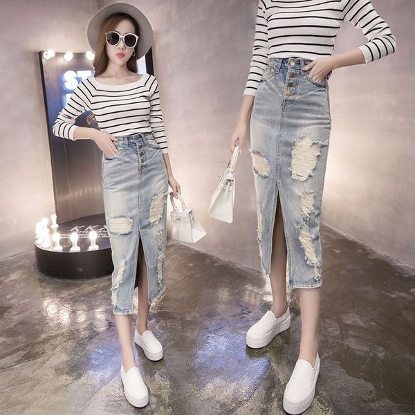 Дълга дънкова пола с висока талия и цепка в два цвята тип Слим