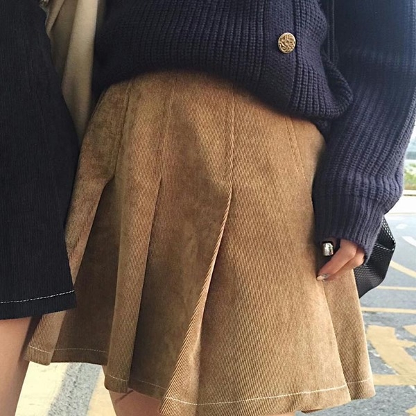 Къса пола - рипсено кадифе в син, кафяв и черен цвят