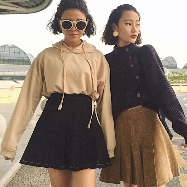 Къса пола - рипсено кадифе в син, кафяв и черен цвят