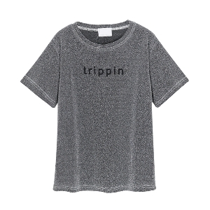 Дамска тениска с надпис \'Trippin\' в златист, сребрист, зелен и розов цвят