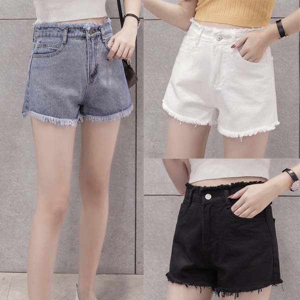 Актуални дамски дънкови къси панталони с реснички - бели, черни и сини