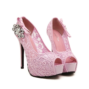 Γυναικεία επίσημα με  δαντέλα παπούτσια με  πέτρες και  ψηλά τακούνια,  σε ροζ και μπεζ