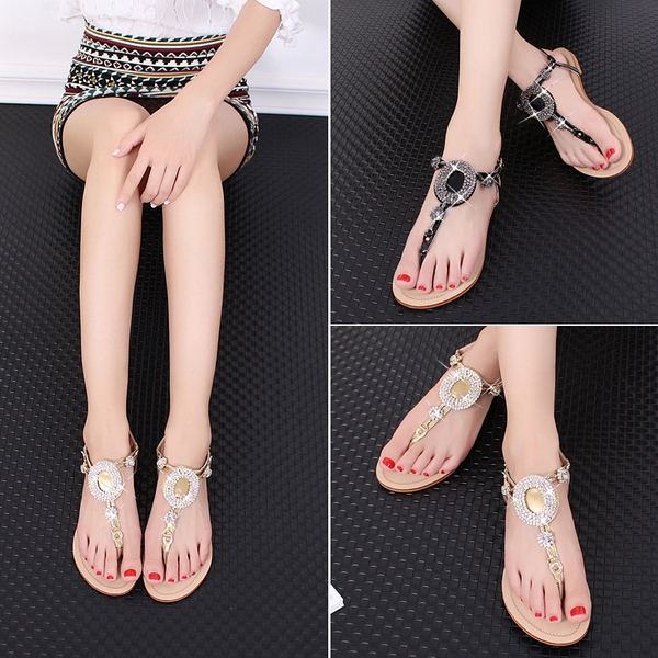 Дамски ежедневни сандали с камъни златисти и черни