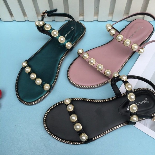 Дамски сандали с плоска подметка в няколко цвята с перли