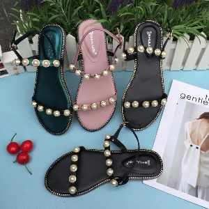 Дамски сандали с плоска подметка в няколко цвята с перли
