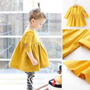 Детска жълта лятна разкроена памучна рокля за момичета