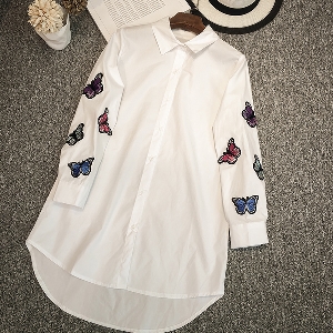 Дамска дълга бяла памучна риза с пеперуди на ръкавите Нов модел