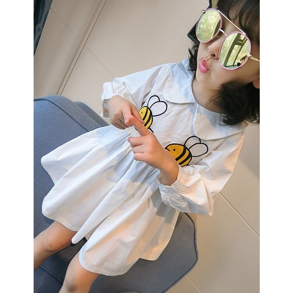 Παιδικό καθημερινά λευκό άνοιξη φόρεμα με μέλισσες