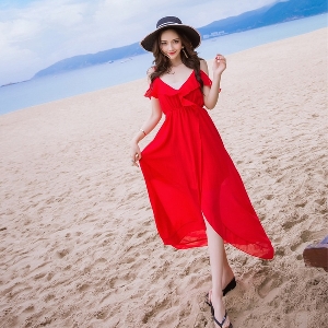 Дамска  дълга ежедневна рокля в червен цвят