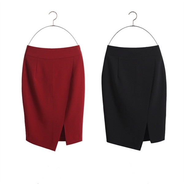 Дамска пола с висока талия с цепка червена и черна