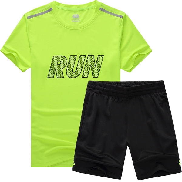 Мъжки спортен комплект от две части тениска с къс ръкав - червена, бяла, синя, зелена и черни къси панталони