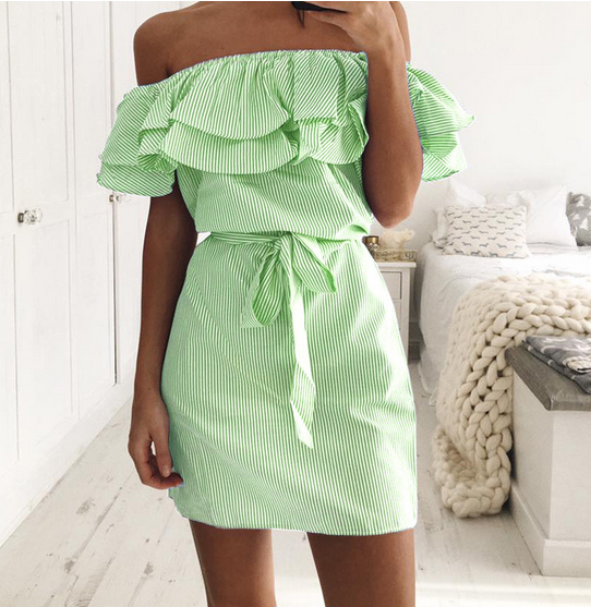 Дамска лятна къса рокля с коланче: Зелена Синя Розова