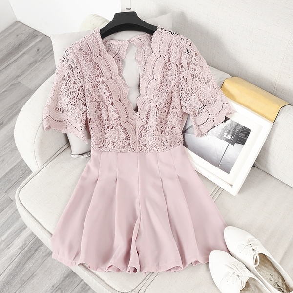 Дамски дантелен летен гащеризон с дантела: Розов Бял Черен