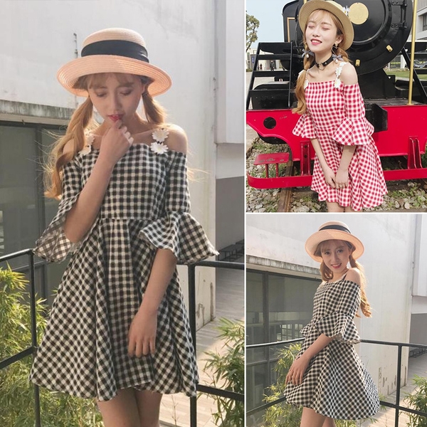 Дамска лятна къса карирана рокля: Червена и Черна