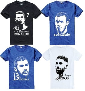 Фен тениски на кралския клуб Реал Мадрид и неговите звезди Роналдо, Гарет Бейл и Родригес