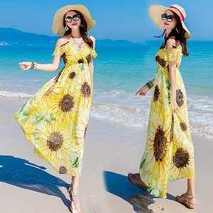 Κυρίες καλοκαίρι άνετα σιφόν φόρεμα με ένα εντυπωσιακό floral μοτίβο «Ηλιοτρόπιο»
