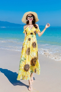 Дамска лятна удобна шифонена дълга рокля с невероятен цветен мотив \'Слънчоглед\'