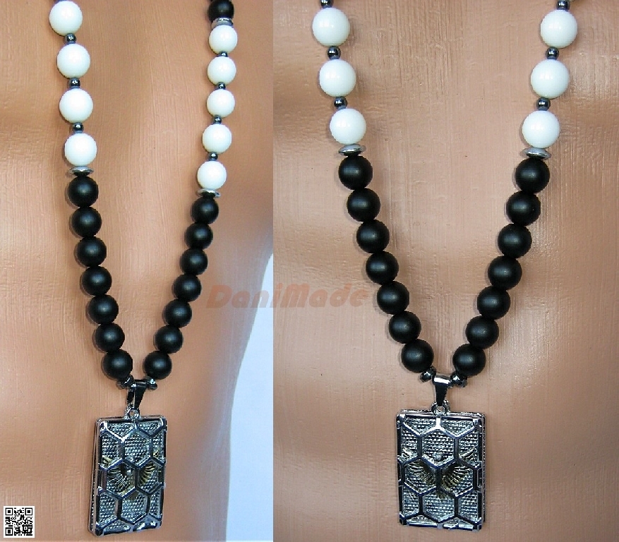 Мъжки гердан от естествени камъни бял и черен Оникс - DM-1033