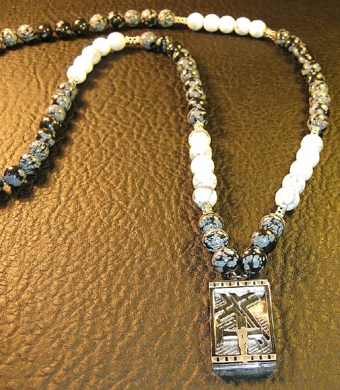 Мъжки гердан от естествени камъни Обсидиан и Хаулит - DM-1006