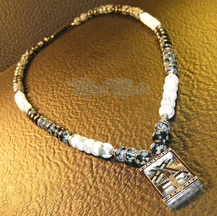 Мъжки гердан от естествени камъни Обсидиан и Хаулит - DM-1006