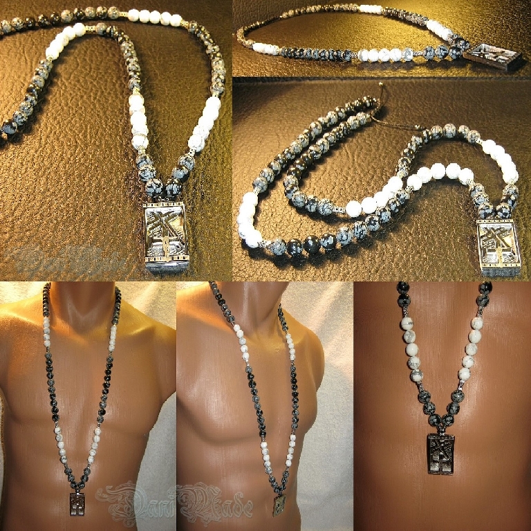 Мъжки гердан от естествени камъни Обсидиан и Хаулит - DM-1006