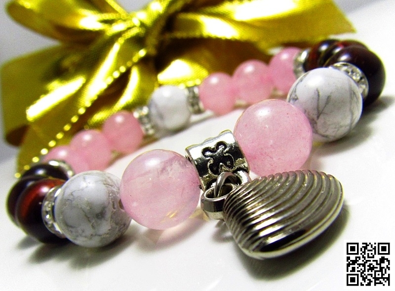 Дамска гривна от естествени камъни Ахат, Розов кварц и Хаулит - DM-2234