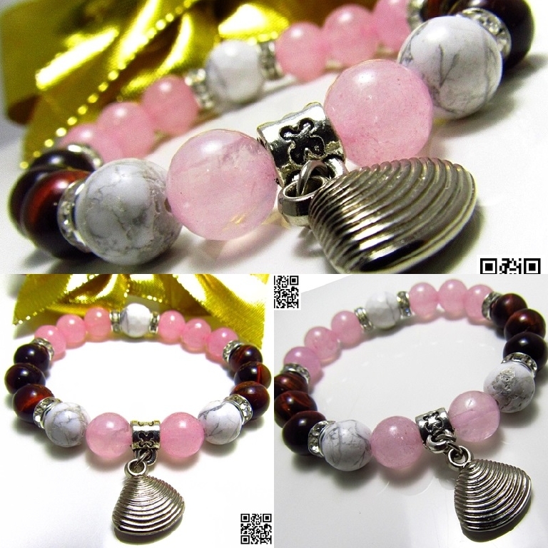 Дамска гривна от естествени камъни Ахат, Розов кварц и Хаулит - DM-2234