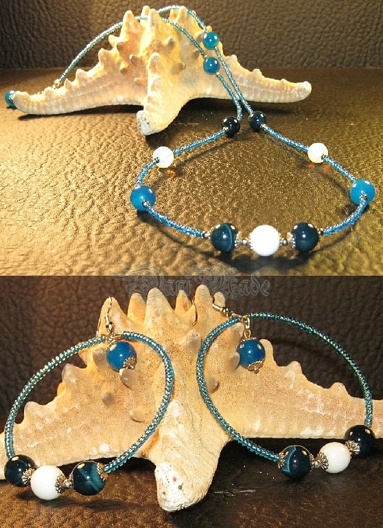 Дамски комплект колие и обеци Ахат, Аквамарин и Лунен камък - DM-1009