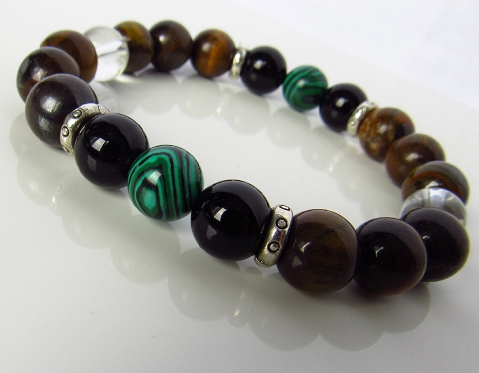 Мъжка гривна от естествени камъни Оникс, Малахит и Тигрово око - DM-2294