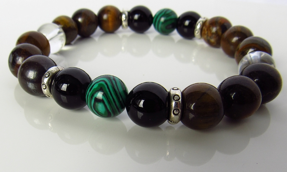Мъжка гривна от естествени камъни Оникс, Малахит и Тигрово око - DM-2294